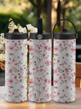 Pink Flowers Tumbler with Handle Lid, Girls Gift, Floral Mug
